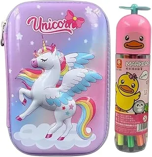 Unicorn Wide Purple HardCover Pencil Case with metal Zipper+Set Of 12 Flomaster Colors/multicolor