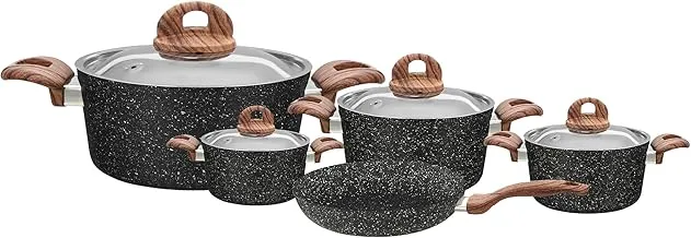 Homi Mystone Granite Cookware Set Stainless steel lid with wooden Handle 9PCS (POT 18/20/24/28) + FryPan (28)