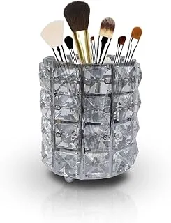 hanso Crystal Makeup Brush Holder Cosmetic Tools Organizer Storage Container Handcrafted Pen Pencil Holder Pot Cup Candle Holder for Gift Bedroom Office (Silver)