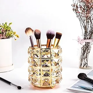 Elegant Crystal Makeup Brush Holder, Cosmetic Organizer, Makeup Table Storage Container, Gold Plated Pencil Cup for Desk Decoration Katkit-