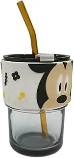 Generic Disney Glass Cup with Straw and Lid, 400 ml Capacity, Multicolour