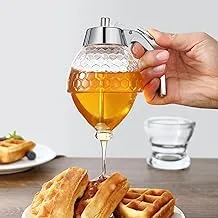 Glass Honey Pouring Pot with Stainless Steel Dispenser, Honeycomb Shaped Honey Pot, Squeeze Honey Bottle, Perfect for Serving Drinks, Now Available in Prime Shop