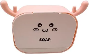 Antler Drain Soap Box with Hook Flip Cover Waterproof Bathroom Storage Boxs Wall-mounted Soap Dish Multi-Purpose Soap Organizers (Pink)