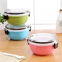 Lunch Box 2 Layer Divided Plastic Food Spoon Plastic Bento Box 1L - Multicolor (Round)