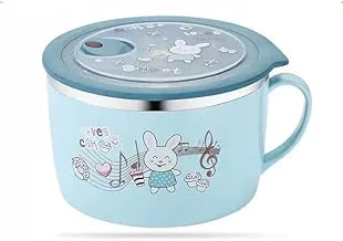 Large 304 Stainless Steel Lunch Box Plastic Lid Home Student Food Bowl with Spoon Insulated Cute Cartoon (Blue)