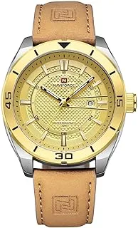 Original NF 9209-S-G-L-BN Naviforce Wrist Watch For Men For Dream NF 9209 With Gold Dial Leather Belt with Light Brown Color