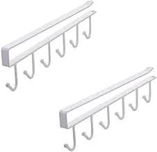 Prextex Pack of 2 Metal Multifunction Under Shelf Coffee Mug Cup Holder Rack Organizer Stand for Kitchen Counter, Cabinet, Table with 6 Hooks - White