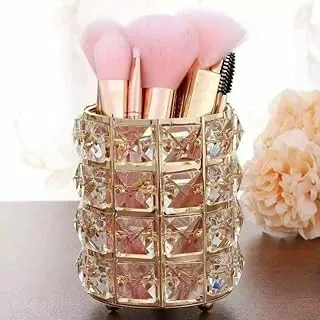 Makeup Brush Holder, Handmade Crystal Pen Holder Cosmetic Storage Desk Organizer - Gold