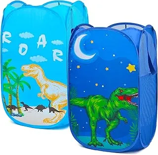 Pop Up Laundry Hamper, 2 Pack Foldable Kids Pop-up Mesh Hamper with Durable Handles, Protable Storage Bin for Kids Room (Dinosaur)