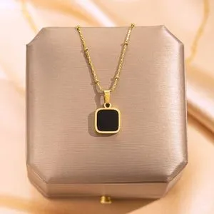 Gold Stainless Steel Necklace - Black Square Pendant