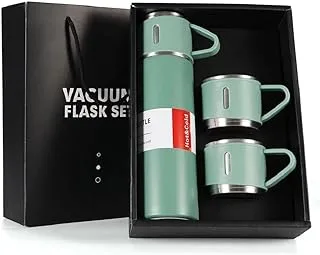 Thermos Bottle with 2 Extra Cups, 500ml Vacuum Flask Set, Stainless Steel, Leak proof, Travel Bottles for Hot and Cold drinks (Green)