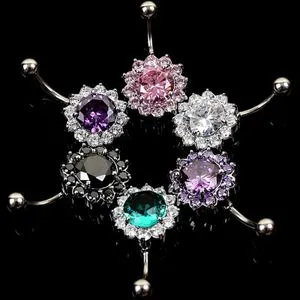 Korean fashion titanium steel silver plated AAA flower multicolor zircon body puncture umbilical ring belly button nail alternative jewelry All black diamond