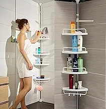 Toshionics Adjustable 4 Tier Telescopic Shower Corner Rack Bathroom Shelf Stand With Towel Bar Shelves Hooks Rustproof Metal Rod For Storage Organizer Floor to Ceiling Extendable Height (Corner Shelf)