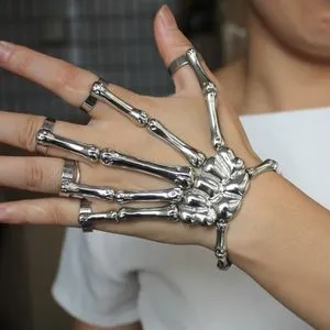 Skeleton Hand Bracelet Gothic With Rings Handmade Skeleton Silver