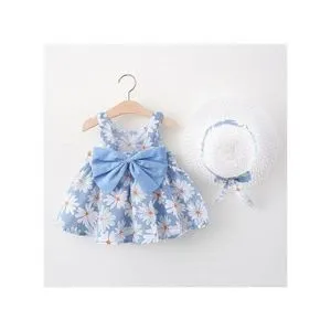 2pcs Girls Dress Bow Baby Beach Dresses Newborn Clothe Hat