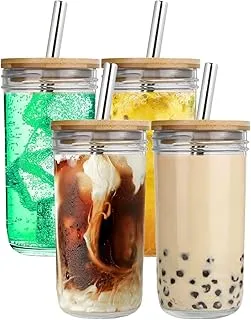 AmzFan Iced Coffee Cups, Boba Cup, Mason Jar with Lid and Straw 20 oz, Coffee Cups with Lids, Reusable Wide Mouth Boba Tumbler, Clear Travel Mug (4PCS-20 OZ)