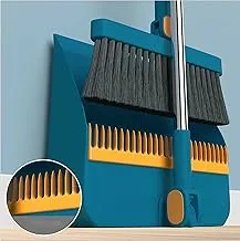 Dreamons Link Broom and Dustpan Set for Home, Long Handle Dust Pan and Broom Combo for Indoor Outdoor Heavy Duty Broom Dustpan Set for Kitchen Lobby Office Upright Standing Dustpan with Teeth (Blue)