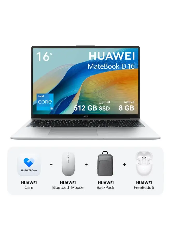 HUAWEI MateBook D 16 Laptop with 16-inch Display, Core i5-12450H Processor/8GB RAM/512GB SSD/Windows 11 Home/Intel Iris Xe Graphics With HUAWEI FreeBuds 5 + HUAWEI Bag + HUAWEI Mouse + HUAWEI Care English/Arabic Silver