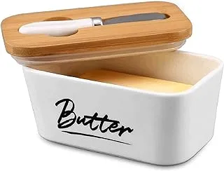 Elisco Butter Dishes Ceramic , A Large Porcelain Butter Keeper with Bamboo Lid and Steel Knife Butter Dish with Wooden Top Cover - Blue (Butter Dish Blue)