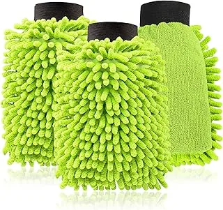 com-four® 3 x Wash Mitt for Car and Household - Microfibre Glove - Chenille Glove - Car Care - Car Wash, 22 x 16 cm (003 Pieces, Neon Green)