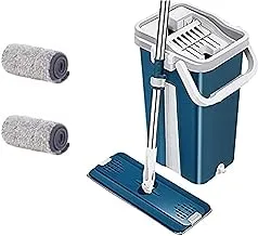 UPKARANWALE Blue Flat Mop and Bucket Set Floor Cleaning System - 360 Dry Wet Reusable Dust Mop with 3 Soft Refill Pads & Handle (32 X 12 CM Mop Head)