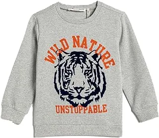 KOTON Boy's Sweatshirt Brushed Interior Crew Neck Tiger Printed Cotton Sweatshirt