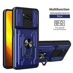 Poco X3 Pro Full Protection Case With Card Bag, Metal Ring & Slider Camera Cover - Blue