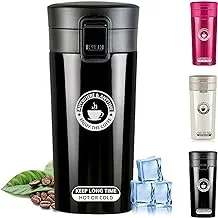 Stainless Steel Double Wall Vacuum Insulated Travel Coffee Mug with Handle/Portable Thermal Cup, Wide Mouth Tumbler with Lid, 380ml, black