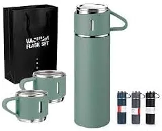 CA&KO|Premium Stainless Steel Travel Flask with 3 Cups, with Built-in Leakproof Lid 500 ml, Airtight Seal Retains Cold and Hot for up to 14 Hours (Vintage Green)