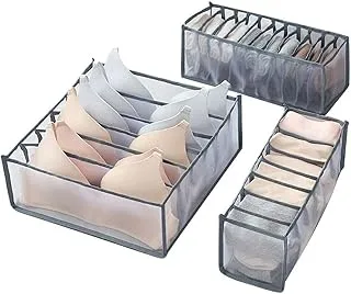 Wuerjo Underwear storage box compartment- Foldable Underwear Storage Box With 6/7/11 Compartments Nylon Divider Box Socks (Grey, 3 Set)