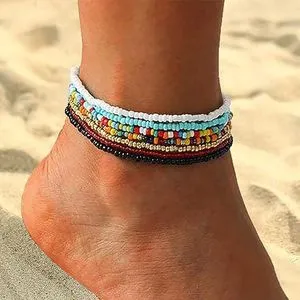 7 Pcs Beaded Multilayered Women Anklet Bracelet Multicolor