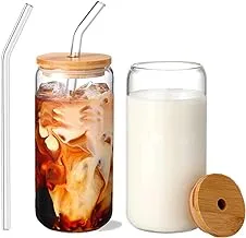 Hemoton 2Pcs Mason Jar with Lid and Straw, 12oz Wide Mouth Mason Jar Drinking Glasses Cups, Reusable Iced Coffee Cup, Cocktail Glasses, Transparent Silicone Sleeve Bamboo Lid, for Juices Cocktail