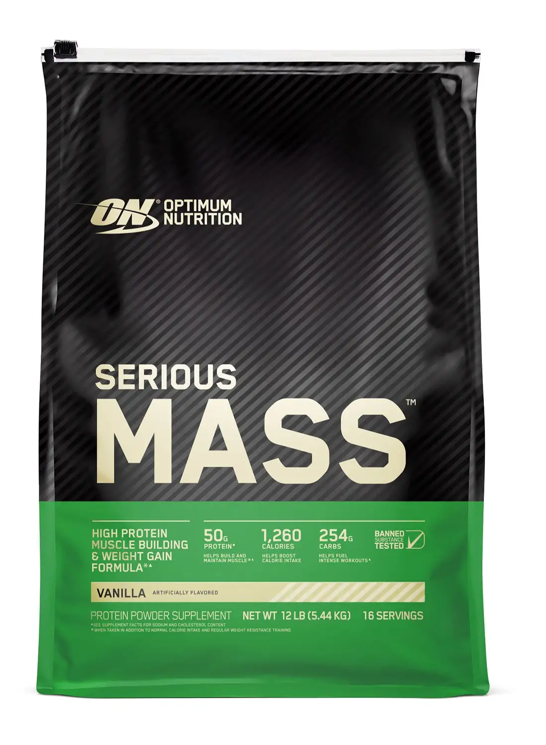 Optimum Nutrition Serious Mass: High Protein Muscle Building & Weight Gainer Protein Powder, 50 Grams Of Protein, Vitamin C, Zinc  - Vanilla, 12 Lbs (5.44 KG)