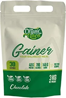 Organic Nation | Gainer | Chocolate | 40g Protein per serving | Premium Quality | Weight Gaining | Extra Energy | Lowest Amount of Sugar | 3kg | 6g of sugar | 4g of fat | 30 servings