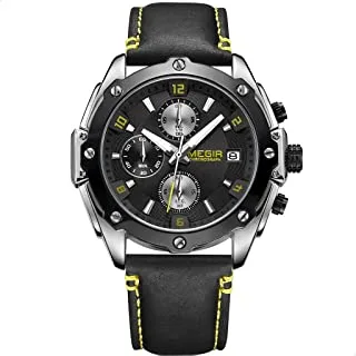 Megir ml2074gs-bk-1n13 leather round analog watch for men - black