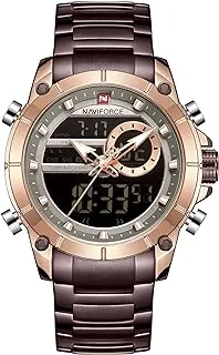 Naviforce Watch for Men, Quartz Movement, Analog-Digital Display, Brown Stainless Steel Strap-9163 RG-CE