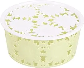 Flower-Design Round Plastic Basket with Cover - Olive White