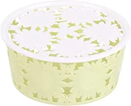 Flower-Design Round Plastic Basket with Cover - Green White