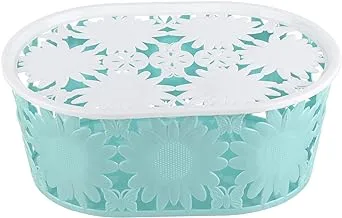 Flower-Design Rectangle Plastic Basket with Grip Handles and Cover - Turquoise White