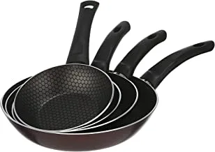 Trueval Teflon frying pan set 4 pieces, maroon color, sizes 16-18-22-26