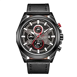 Naviforce Watch for Men, Automatic Movement, Analog Display, Black Leather Strap-AF8006 B-GY-B