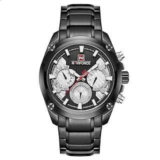 Naviforce Watch for Men, Quartz Movement, Analog Display, Black Stainless Steel Strap-9113 B-W-B