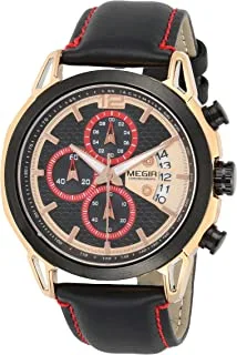 Megir ml2071grebk-1n0 leather round analog watch for men - black