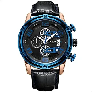 Megir ml2078grebk-1n2 crocodile embossed leather round watch for men - black