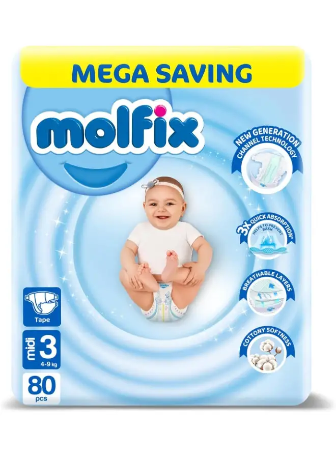 Molfix 80 Piece -Baby Diapers 3D Size 3 Midi Mega Pack 4 - 9 Kg