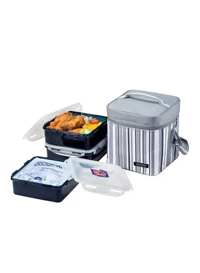 LocknLock Lock & Lock Lunch Box (1.2L Container x3 + 180g Cool Ice Pack + Bag) Black/Grey/Clear