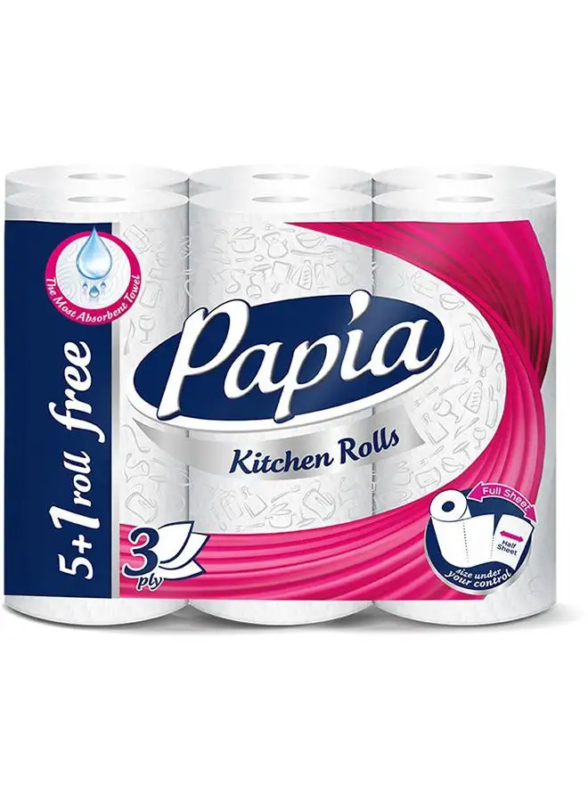 Papia Kitchen Roll 3 Ply Pack of 6 White