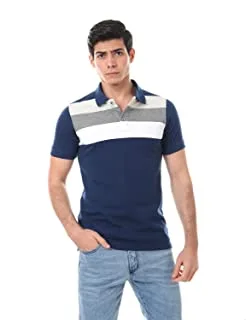 Andora Short Sleeves Striped Slim-Fit Polo Shirt for Men - Navy & Grey, L