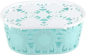 Flower-Design Ellipse Plastic Basket with Grip Handles and Cover - Turquoise White