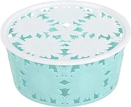 Flower-Design Round Plastic Basket with Cover - Turquoise White